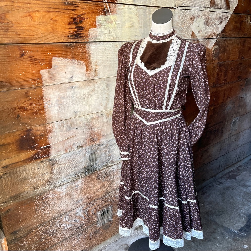 Gunne Sax 1970’s Brown & White Velvet and Lace Floral Print Midi Dress Size 9 - Picture 5 of 12